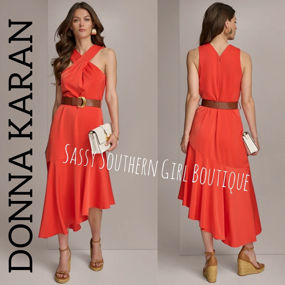🆕⭐ Donna Karan Black Label Orange Halter Belted Midi Dress